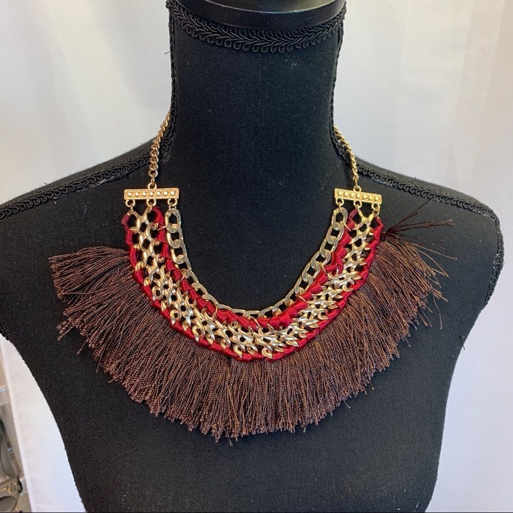 🛍3/$20 BOHO brown tassel gold chain braided ethnic tribal necklace